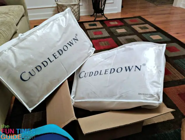 Both down pillows from Cuddledown arrived in one box -- each pillow was individually packaged inside the box.